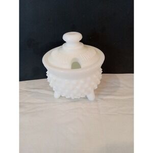 VTG Fenton Opalescent Milk Glass Hobnail Grannycore Cottage Mustard Kettle w Lid